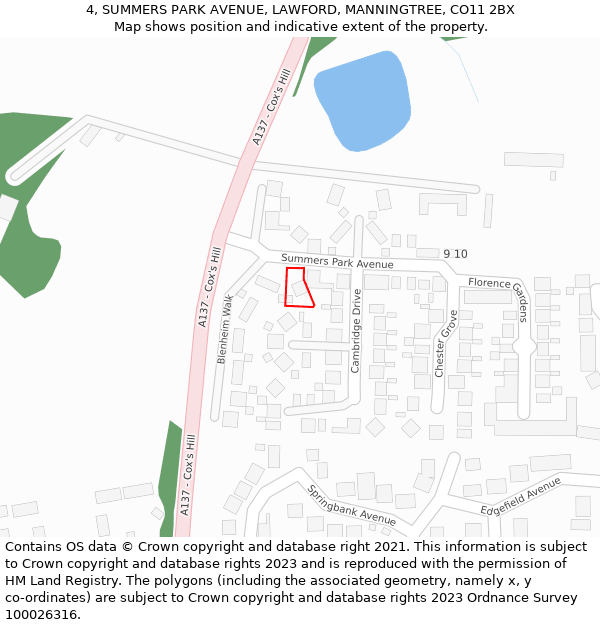 4, SUMMERS PARK AVENUE, LAWFORD, MANNINGTREE, CO11 2BX: Location map and indicative extent of plot