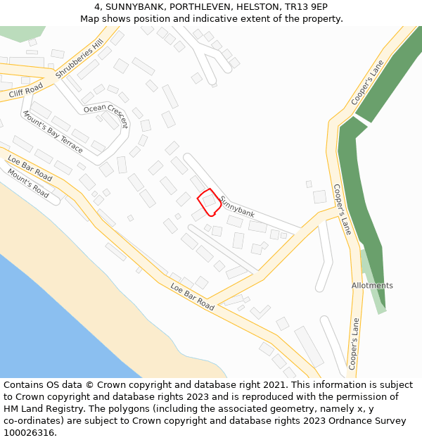 4, SUNNYBANK, PORTHLEVEN, HELSTON, TR13 9EP: Location map and indicative extent of plot