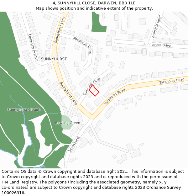 4, SUNNYHILL CLOSE, DARWEN, BB3 1LE: Location map and indicative extent of plot