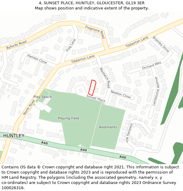 4, SUNSET PLACE, HUNTLEY, GLOUCESTER, GL19 3ER: Location map and indicative extent of plot