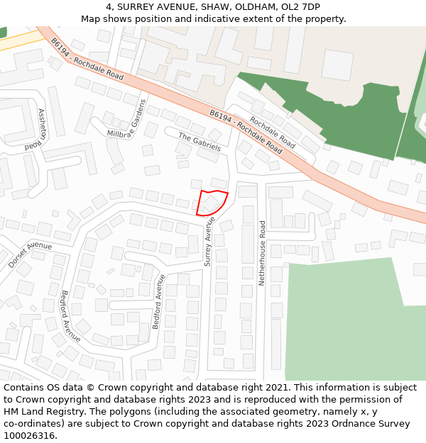 4, SURREY AVENUE, SHAW, OLDHAM, OL2 7DP: Location map and indicative extent of plot