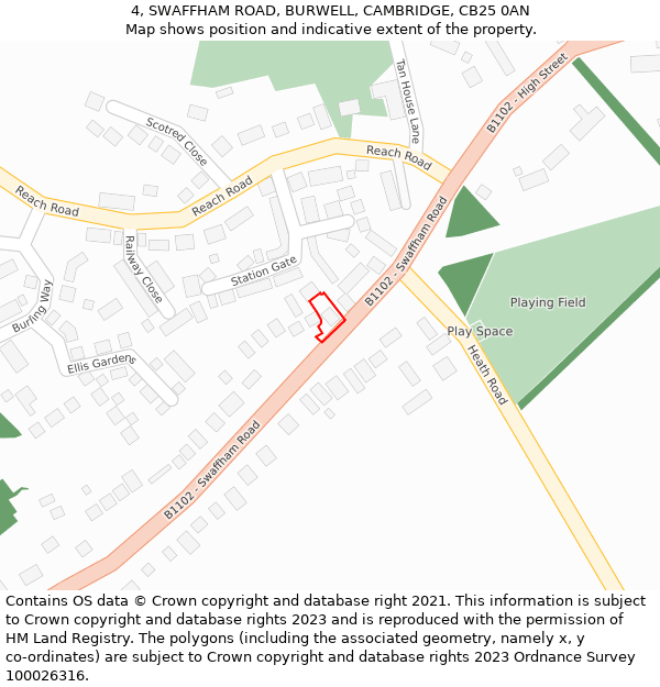 4, SWAFFHAM ROAD, BURWELL, CAMBRIDGE, CB25 0AN: Location map and indicative extent of plot