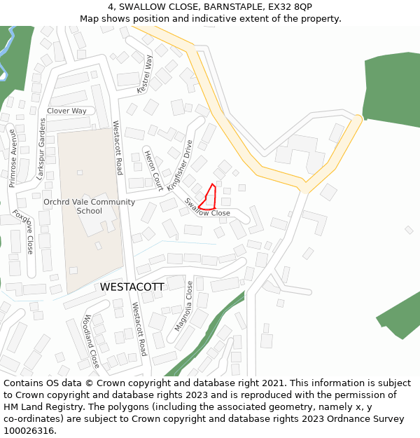 4, SWALLOW CLOSE, BARNSTAPLE, EX32 8QP: Location map and indicative extent of plot