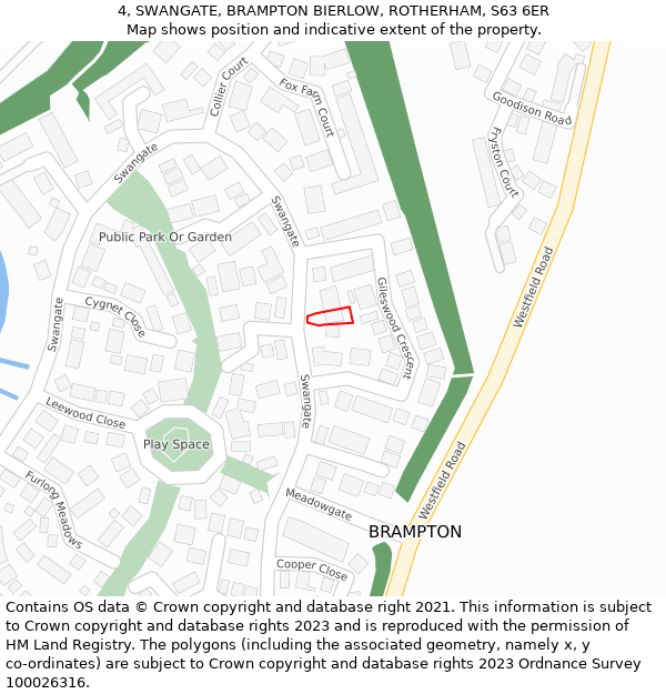 4, SWANGATE, BRAMPTON BIERLOW, ROTHERHAM, S63 6ER: Location map and indicative extent of plot