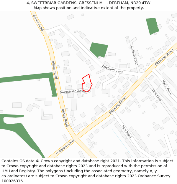 4, SWEETBRIAR GARDENS, GRESSENHALL, DEREHAM, NR20 4TW: Location map and indicative extent of plot