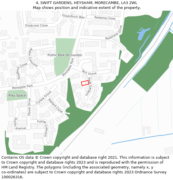 4, SWIFT GARDENS, HEYSHAM, MORECAMBE, LA3 2WL: Location map and indicative extent of plot