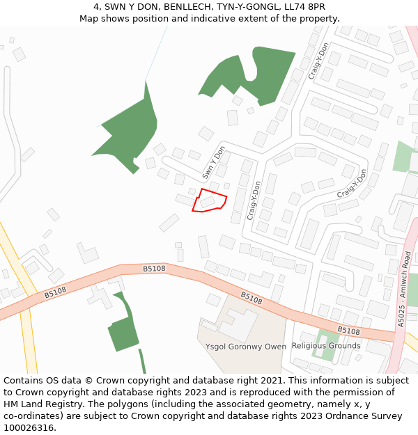 4, SWN Y DON, BENLLECH, TYN-Y-GONGL, LL74 8PR: Location map and indicative extent of plot