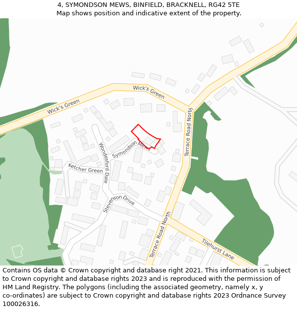 4, SYMONDSON MEWS, BINFIELD, BRACKNELL, RG42 5TE: Location map and indicative extent of plot