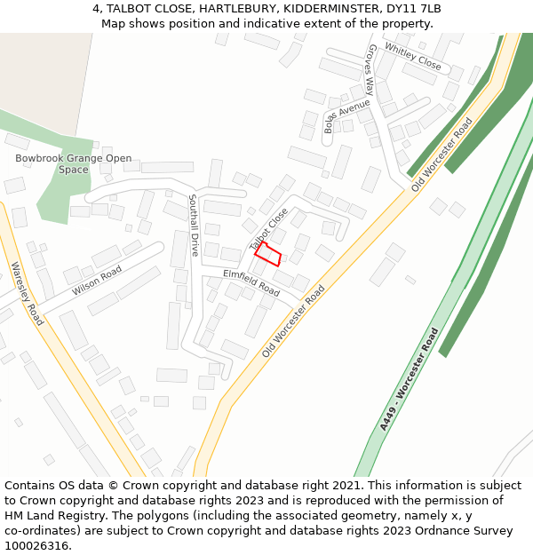 4, TALBOT CLOSE, HARTLEBURY, KIDDERMINSTER, DY11 7LB: Location map and indicative extent of plot