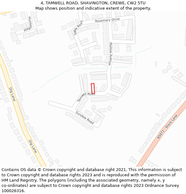 4, TAMWELL ROAD, SHAVINGTON, CREWE, CW2 5TU: Location map and indicative extent of plot