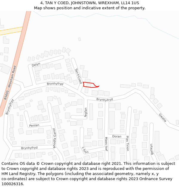 4, TAN Y COED, JOHNSTOWN, WREXHAM, LL14 1US: Location map and indicative extent of plot