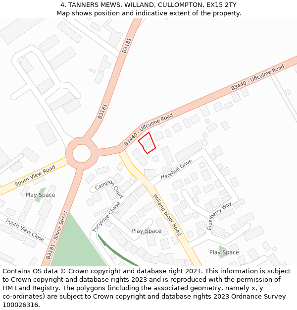 4, TANNERS MEWS, WILLAND, CULLOMPTON, EX15 2TY: Location map and indicative extent of plot