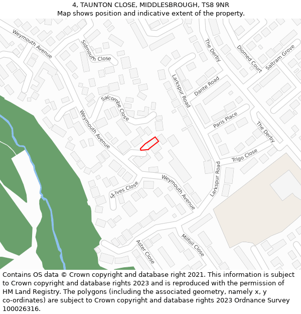 4, TAUNTON CLOSE, MIDDLESBROUGH, TS8 9NR: Location map and indicative extent of plot