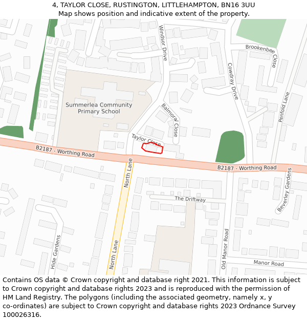 4, TAYLOR CLOSE, RUSTINGTON, LITTLEHAMPTON, BN16 3UU: Location map and indicative extent of plot