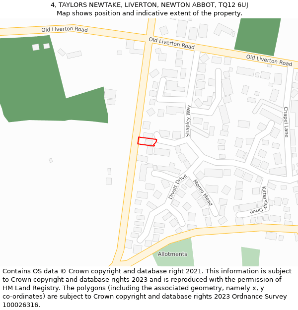 4, TAYLORS NEWTAKE, LIVERTON, NEWTON ABBOT, TQ12 6UJ: Location map and indicative extent of plot