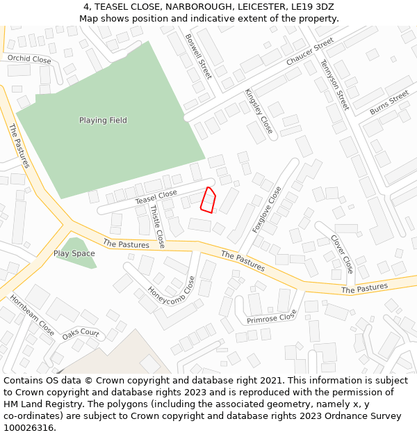 4, TEASEL CLOSE, NARBOROUGH, LEICESTER, LE19 3DZ: Location map and indicative extent of plot