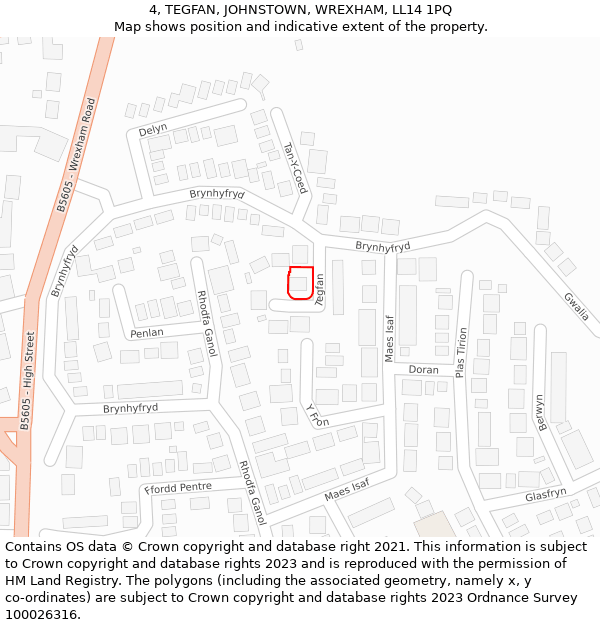 4, TEGFAN, JOHNSTOWN, WREXHAM, LL14 1PQ: Location map and indicative extent of plot