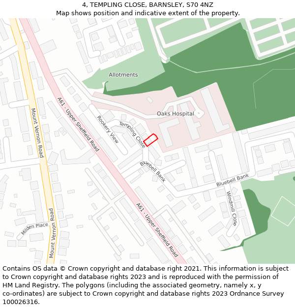 4, TEMPLING CLOSE, BARNSLEY, S70 4NZ: Location map and indicative extent of plot