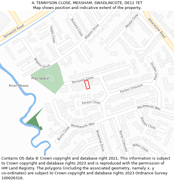 4, TENNYSON CLOSE, MEASHAM, SWADLINCOTE, DE12 7ET: Location map and indicative extent of plot