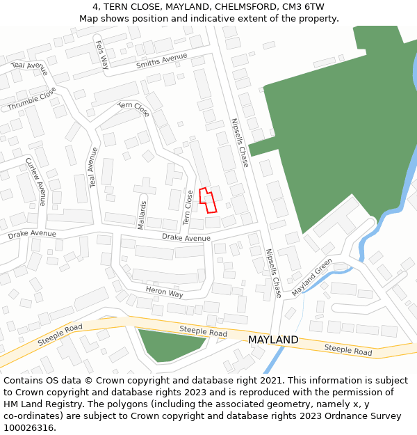 4, TERN CLOSE, MAYLAND, CHELMSFORD, CM3 6TW: Location map and indicative extent of plot