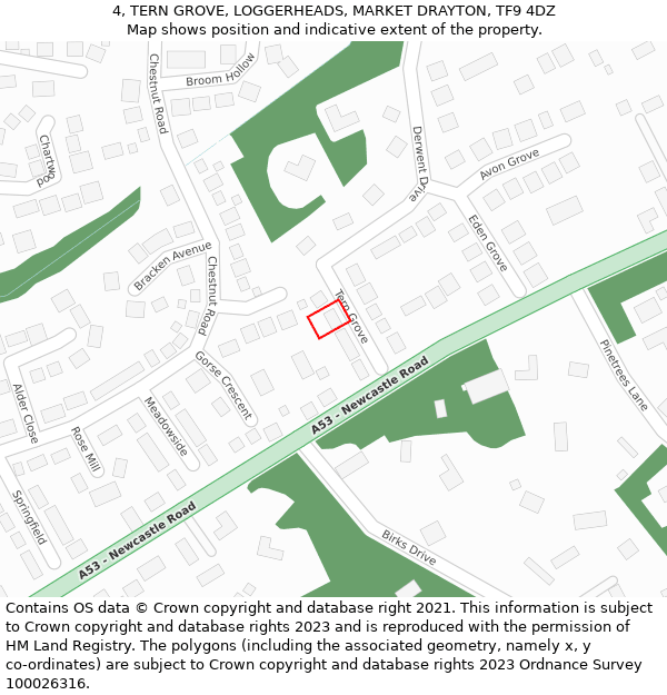 4, TERN GROVE, LOGGERHEADS, MARKET DRAYTON, TF9 4DZ: Location map and indicative extent of plot