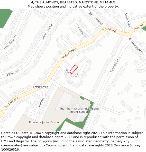 4, THE ALMONDS, BEARSTED, MAIDSTONE, ME14 4LG: Location map and indicative extent of plot