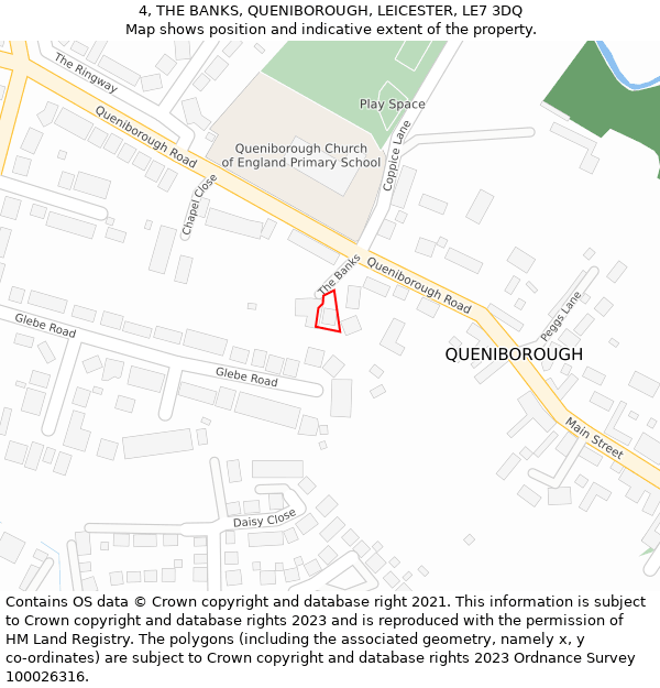 4, THE BANKS, QUENIBOROUGH, LEICESTER, LE7 3DQ: Location map and indicative extent of plot