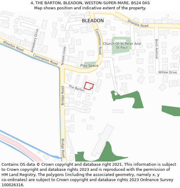 4, THE BARTON, BLEADON, WESTON-SUPER-MARE, BS24 0AS: Location map and indicative extent of plot