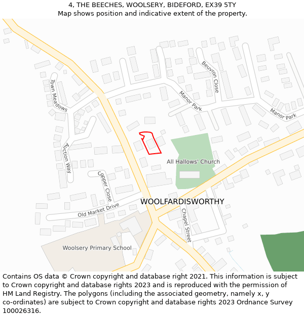 4, THE BEECHES, WOOLSERY, BIDEFORD, EX39 5TY: Location map and indicative extent of plot