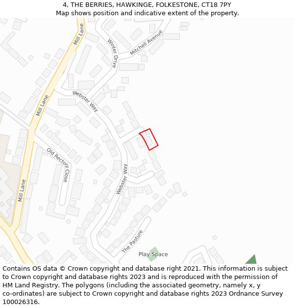 4, THE BERRIES, HAWKINGE, FOLKESTONE, CT18 7PY: Location map and indicative extent of plot