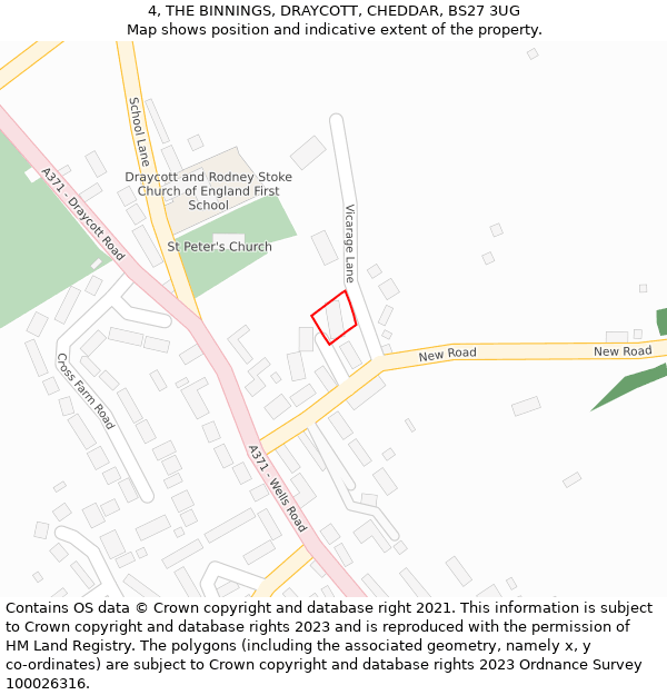 4, THE BINNINGS, DRAYCOTT, CHEDDAR, BS27 3UG: Location map and indicative extent of plot