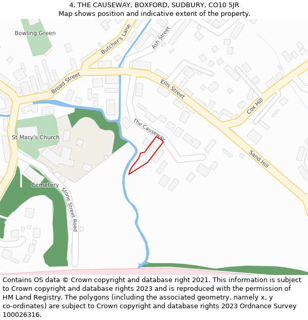 4, THE CAUSEWAY, BOXFORD, SUDBURY, CO10 5JR: Location map and indicative extent of plot