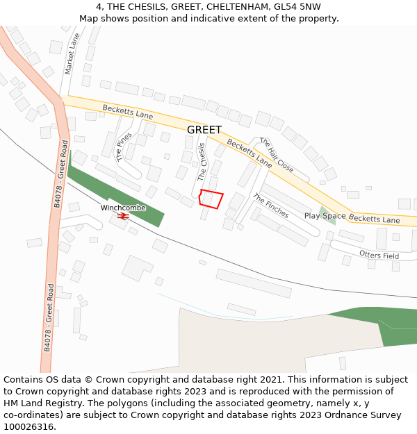 4, THE CHESILS, GREET, CHELTENHAM, GL54 5NW: Location map and indicative extent of plot