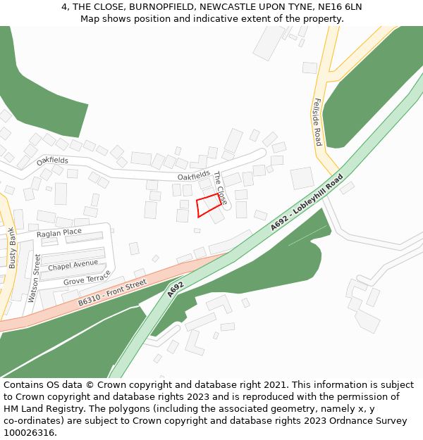 4, THE CLOSE, BURNOPFIELD, NEWCASTLE UPON TYNE, NE16 6LN: Location map and indicative extent of plot