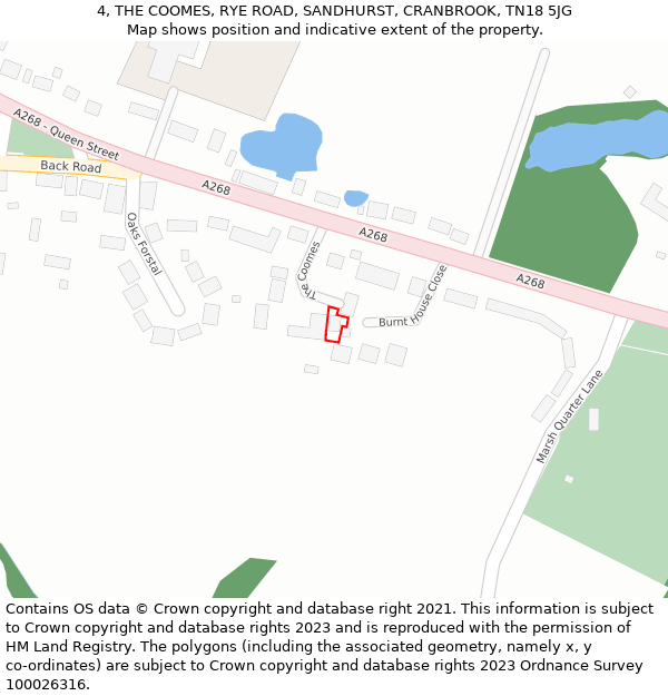 4, THE COOMES, RYE ROAD, SANDHURST, CRANBROOK, TN18 5JG: Location map and indicative extent of plot