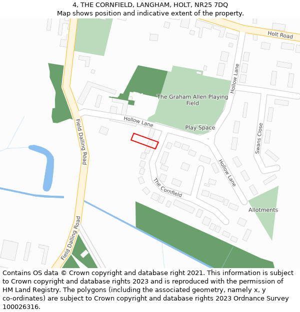 4, THE CORNFIELD, LANGHAM, HOLT, NR25 7DQ: Location map and indicative extent of plot