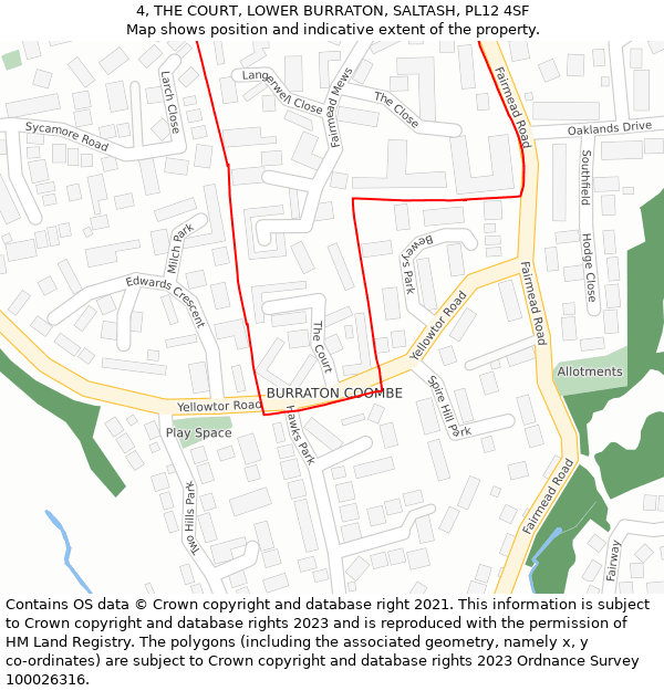 4, THE COURT, LOWER BURRATON, SALTASH, PL12 4SF: Location map and indicative extent of plot