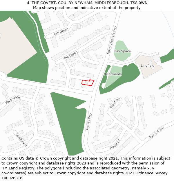 4, THE COVERT, COULBY NEWHAM, MIDDLESBROUGH, TS8 0WN: Location map and indicative extent of plot