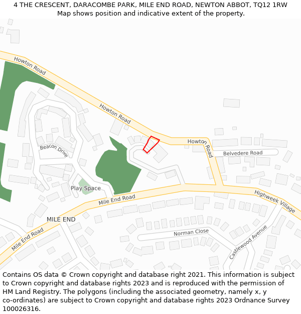 4 THE CRESCENT, DARACOMBE PARK, MILE END ROAD, NEWTON ABBOT, TQ12 1RW: Location map and indicative extent of plot
