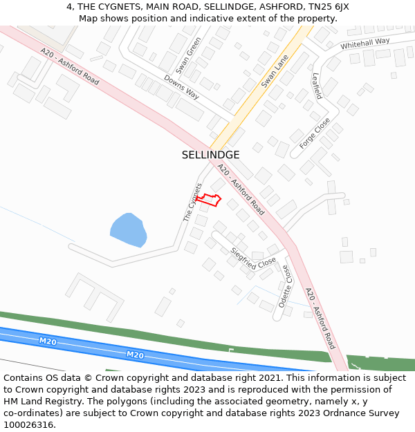 4, THE CYGNETS, MAIN ROAD, SELLINDGE, ASHFORD, TN25 6JX: Location map and indicative extent of plot