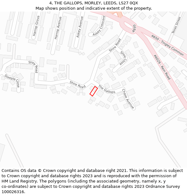 4, THE GALLOPS, MORLEY, LEEDS, LS27 0QX: Location map and indicative extent of plot