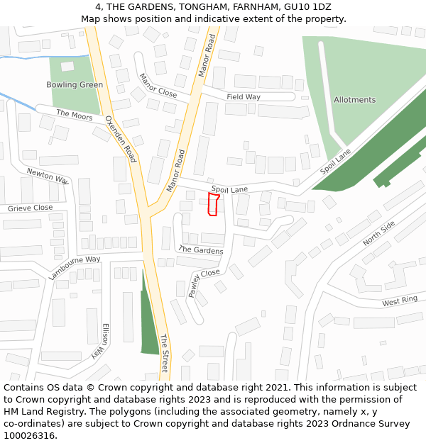 4, THE GARDENS, TONGHAM, FARNHAM, GU10 1DZ: Location map and indicative extent of plot