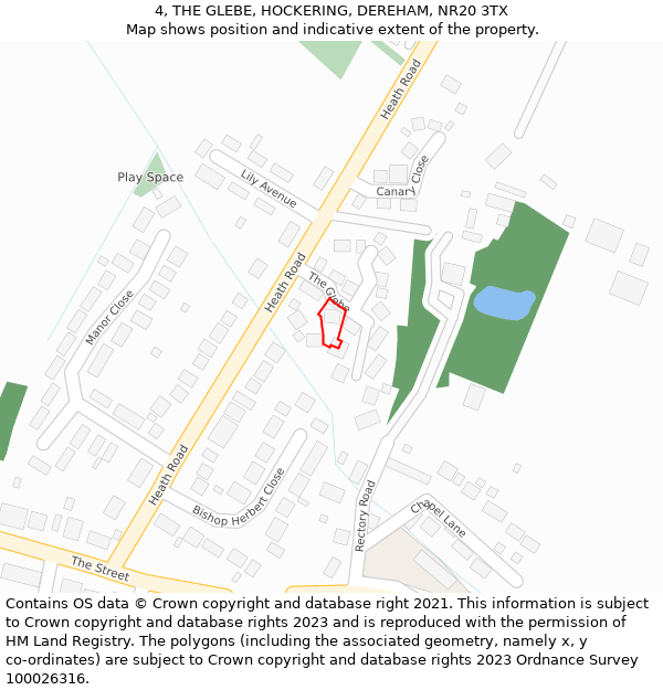 4, THE GLEBE, HOCKERING, DEREHAM, NR20 3TX: Location map and indicative extent of plot