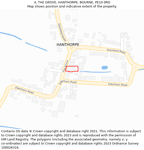 4, THE GROVE, HANTHORPE, BOURNE, PE10 0RD: Location map and indicative extent of plot