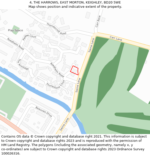 4, THE HARROWS, EAST MORTON, KEIGHLEY, BD20 5WE: Location map and indicative extent of plot