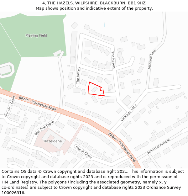 4, THE HAZELS, WILPSHIRE, BLACKBURN, BB1 9HZ: Location map and indicative extent of plot
