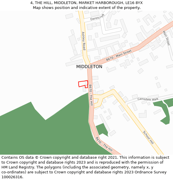 4, THE HILL, MIDDLETON, MARKET HARBOROUGH, LE16 8YX: Location map and indicative extent of plot