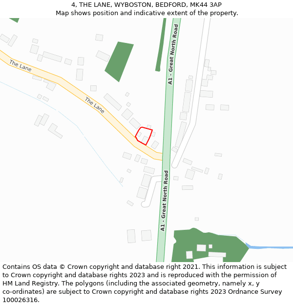 4, THE LANE, WYBOSTON, BEDFORD, MK44 3AP: Location map and indicative extent of plot