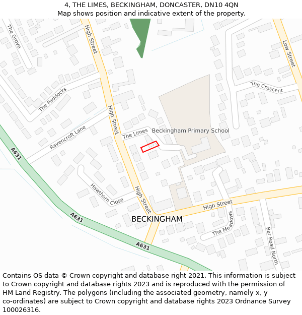 4, THE LIMES, BECKINGHAM, DONCASTER, DN10 4QN: Location map and indicative extent of plot