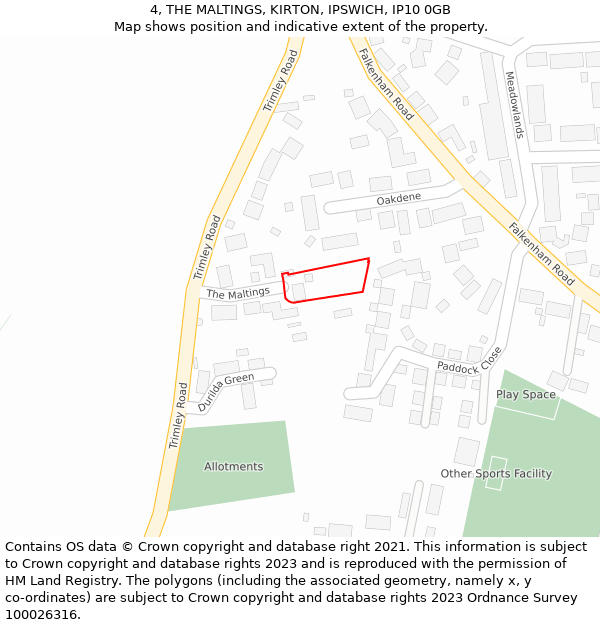 4, THE MALTINGS, KIRTON, IPSWICH, IP10 0GB: Location map and indicative extent of plot